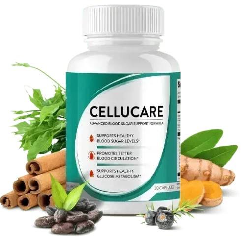Front view of CelluCare blood sugar support capsules